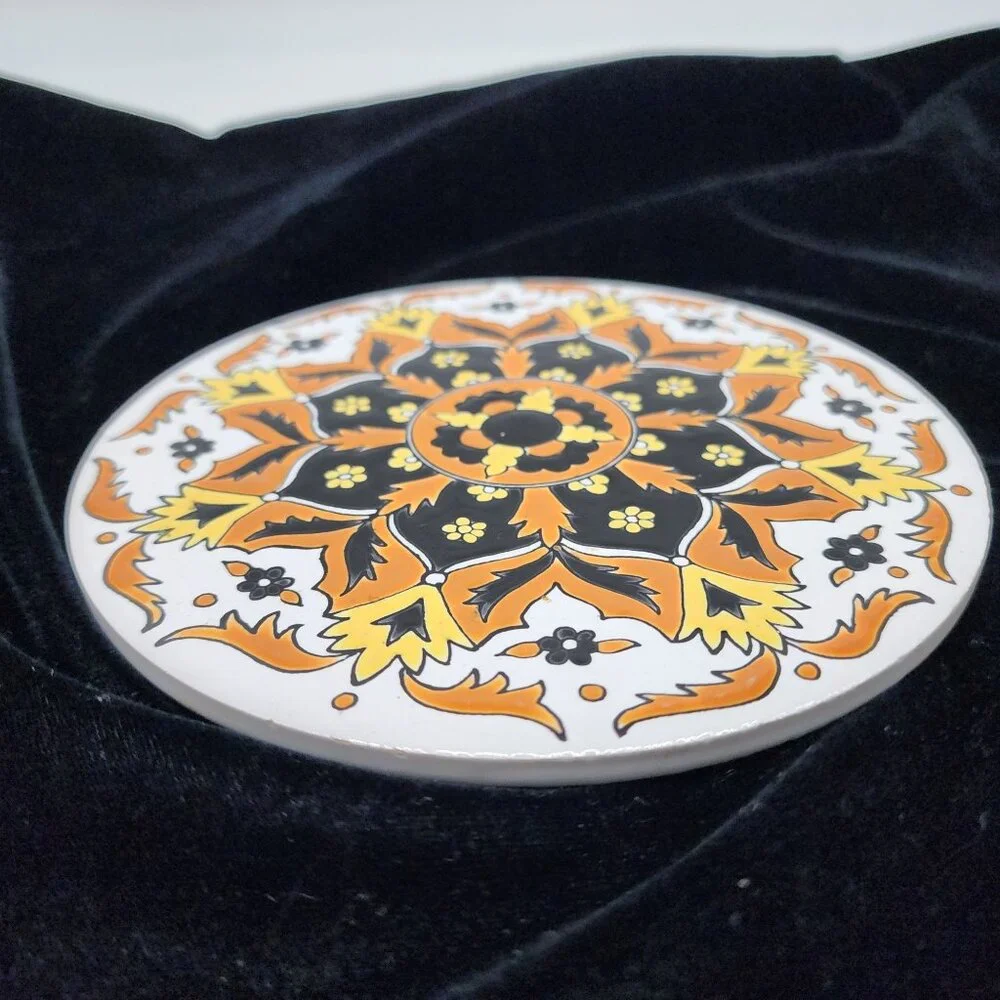 Handmade Greek Ceramic Tile By Nassos Keramik Vibrant Orange & Yellow Floral BOH